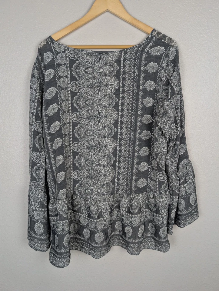 COMO Blusa Vintage Mujer XL Gris Blanco Boho Floral Cachemira Manga Campana Volantes Foto 2 de 4