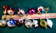 Lot 13 Vtg Miniture Feather Xmas Tree Ornaments Glass indent bell round pointy