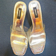 DKNY Women  s Silver/Clear Strap Square Toe Slip-On Mule Heel Synthetic US 8