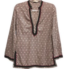 Tory Burch Cotton Voile Geometric Tunic Top Blouse Red Black Size 4 Small