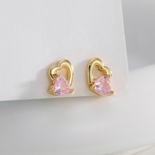 Gold Tone Pink Heart CZ Stud Earrings Cute Sweet Fashion Romantic Jewelry