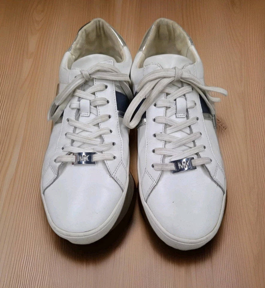 Michael Kors Irving Sneakers Genuine White Leather Blue & Silver Stripe 11M - Image 3 of 4