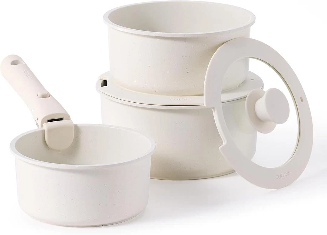 Non Stick Sauce Pan Set 6", 7", and 8" w/Universal Detachable Handle+Lid, Cream