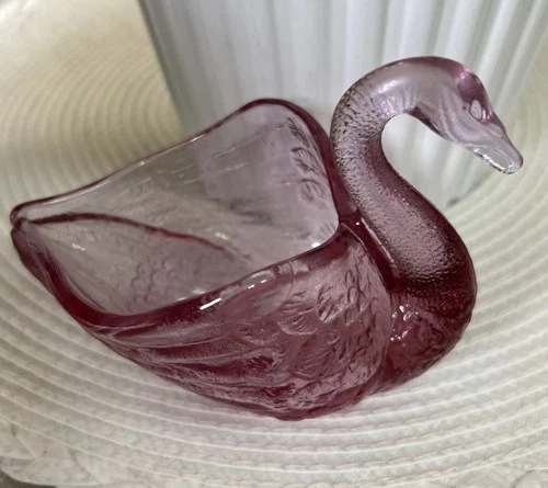 Vintage Fenton Art Glass Rose Pink Open Swan Figurine Trinket-Potpourri- Dish