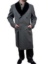 Vintage Mens 1940s Hickey Freeman Long Wool Twill Coat Velvet Collar 3/4 length