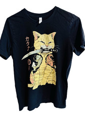 THREADLESS Funny Cat Black Shirt T-Shirt Japanese Samurai Catana SIZE MEDIUM