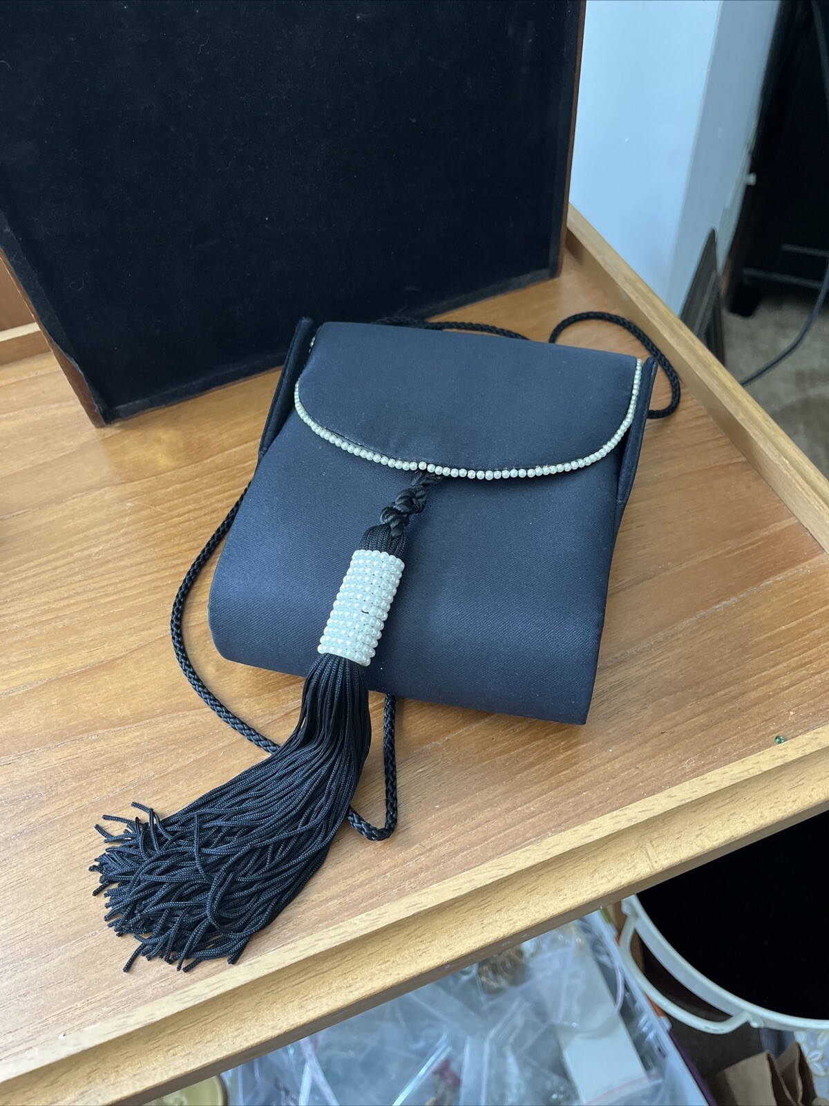 Vintage Black SATIN Evening BAG SHOULDER STRAP PEARL ACCENTS TASSEL ...