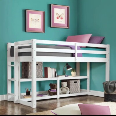 New White Twin Loft Storage Bed, Multiple Finishes Bookshelf Kids Save Space