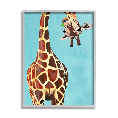 Curious Upside Down Giraffe Chewing Leaves on Blue Background, Design by Coco...