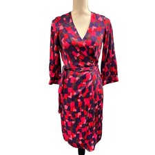 Boden Wrap Dress Womens 2 Red Colorful Geometric Print Silk Blend Artsy Office