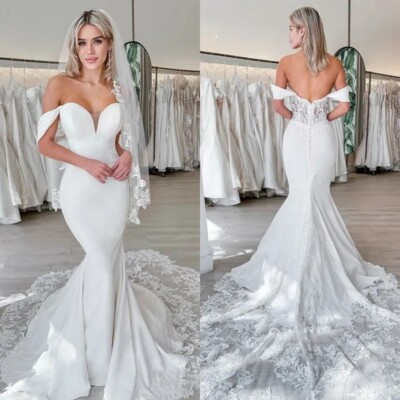 Mermaid Wedding Dresses Simple Sweep Train Off Shoulder Romantic Bridal Gowns