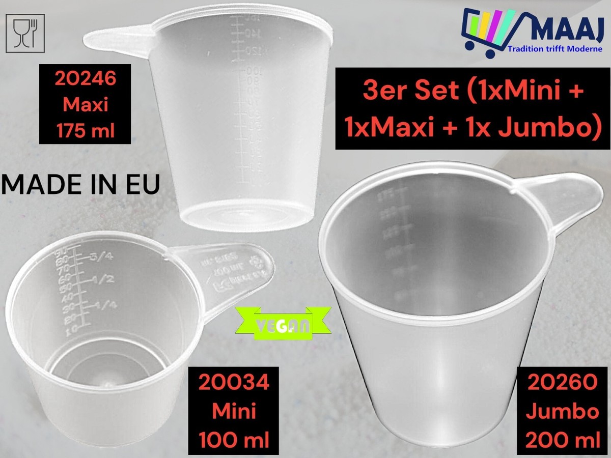 MAAJ Waschmittel-Messbecher Set – 3 Stück, Bis 200 Ml, Klarer Kunststoff, Mit Skala, Made In EU