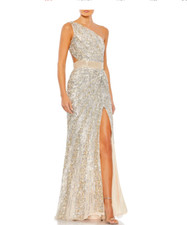 MAC DUGGAL 5687 ONE SHOULDER SEQUIN BEADED LACE-UP BACK NUDE SILVER GOWN  sz 6