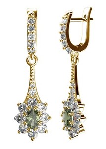Authentic Gold plated silver dangling earrings with Czech moldavite zircons, English lock
