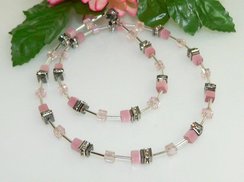 Halskette Halskette Collier Cube 4mm Cat Eye rose Kristall glas rosa Strass 502p - Bild 2 von 4