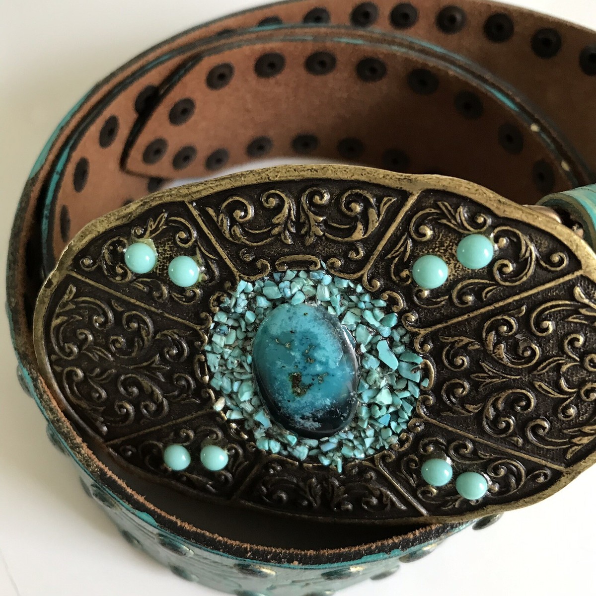 Leatherock Turquoise nugget Stone Embellished Leather Belt 42.5 in GENUINE TURQUOISE NUGGETS MADE in USA SIGNED LEATHEROCK BELT  main image 4