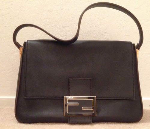Auth Great cond Fendi Big Mamma black leather shoulder bag gold FF LOGO hardware