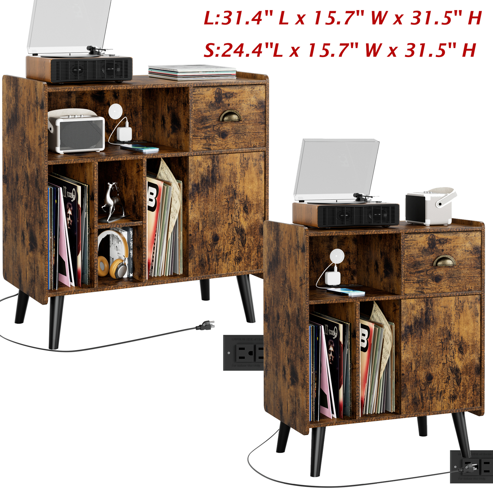 Vintage Vinyl Record Player Stand with Storage Cabinet and Power Port-image