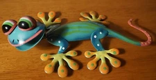 Gecko Garden Statue Talavera Style Hand-Painted Metal Cantina Bar Decor - Blue