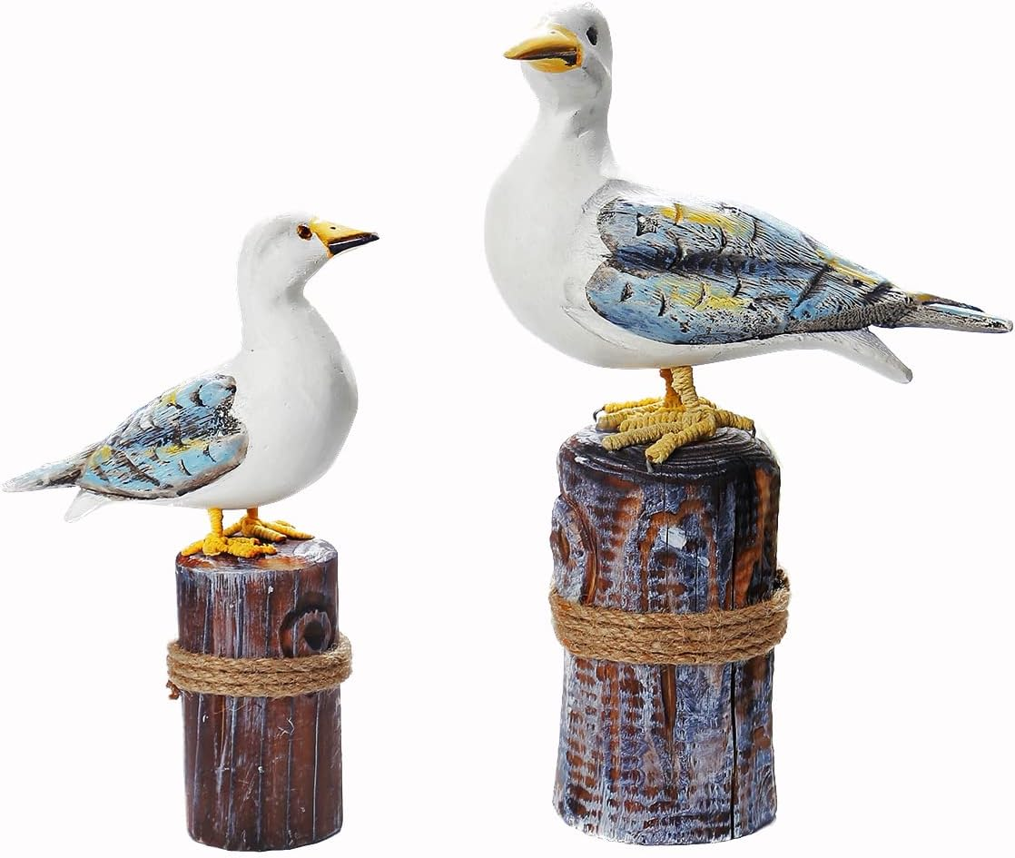 Bird Art Decor, Beach Coastal Seagull Hand-Carved&Painted Wood Statue Nautical D