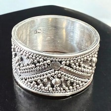 Band Promise Ring Sterling Silver Bali Style Bead and Dots. .43" or 11 mm Width