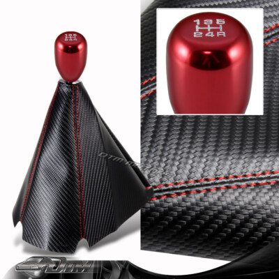 Carbon/Red Stitch Manual Shift Boot +Type-R Red 5-Speed Shifter Knob Universal
