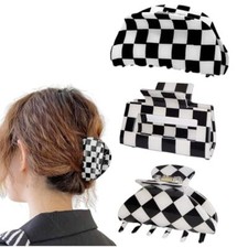 Womens Checkered Hair Clip Medium Checkered Claw Clips White Black Hair Claw