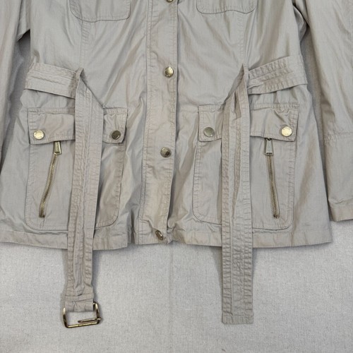 Michael Kors Beige Hooded Utility Jacket Gold Accents Front Pockets Belted XL - Picture 3 of 18