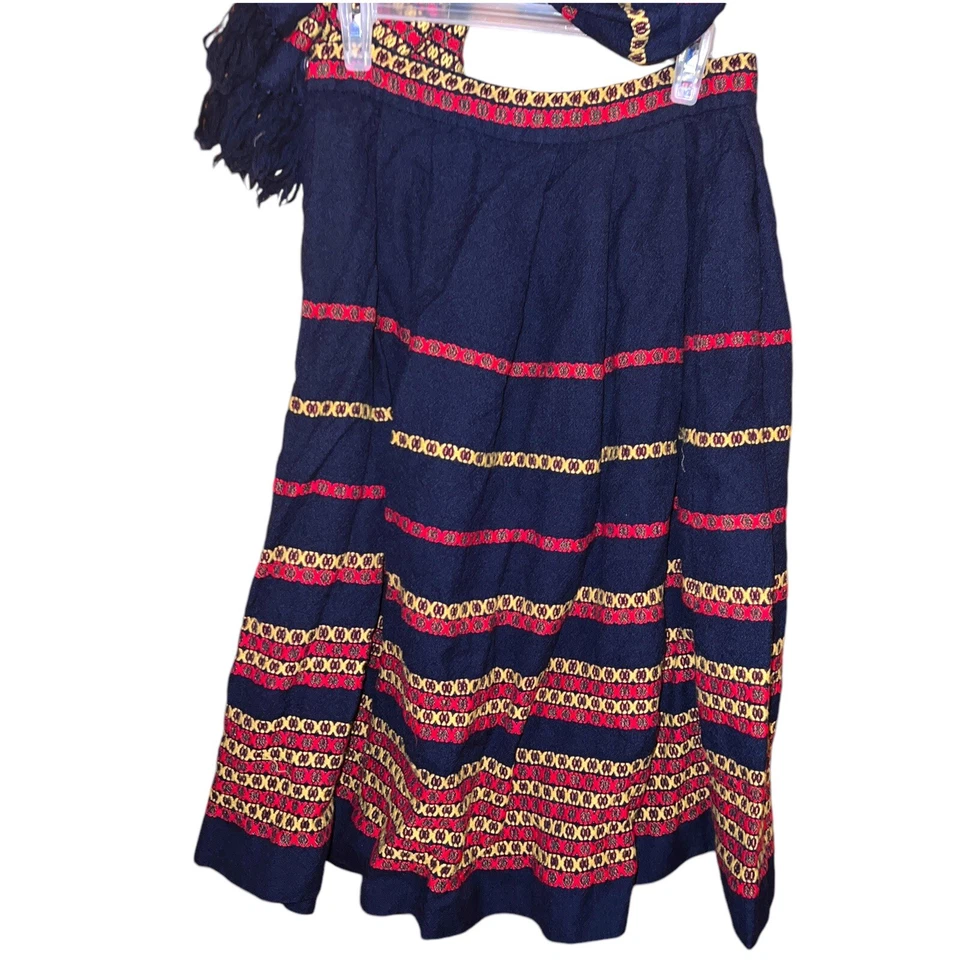 Vintage Handmade Midi Skirt Wool Small Navy Blue Stripe Pleated Matching Scarf - Image 2 of 4