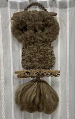 Vintage Macrame JUTE wall Hanging brown Owl 25  wood perch bead eyes 70's