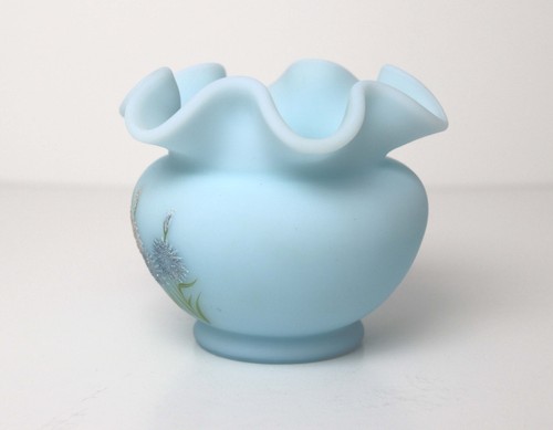 Fenton Rose Bowl Vase Frosted Asters on Blue Satin Flowers Sparkle Hand Painted - Picture 2 of 6