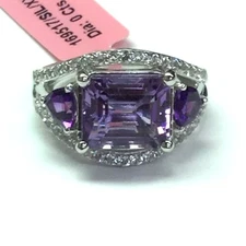 Sterling Silver 925 Purple Amethyst Faceted CZ Pave Halo Cocktail Band Ring 6.5