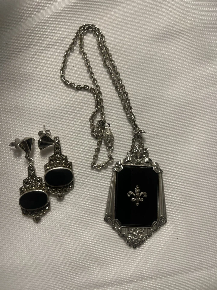 Vintage Onyx Marcasite Earrings And Necklace, Sterling Silver, Art Deco Set - Image 2 of 4