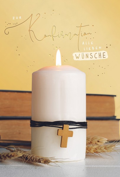 Konfirmation GlüCkwunschkarte Mit Umschlag Brennende Kerze Mit Kreuz, Mit Goldfo-image