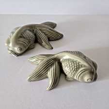 Vintage Rare Celedon Green Glazed Koi Fish Pair Of Figurines Asian Wall Art