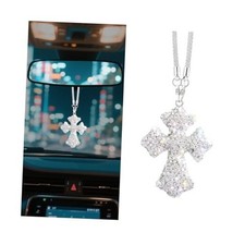 Bling Cross Car Rear View Mirror Hanging Ornament, Crystal Rhinestones White