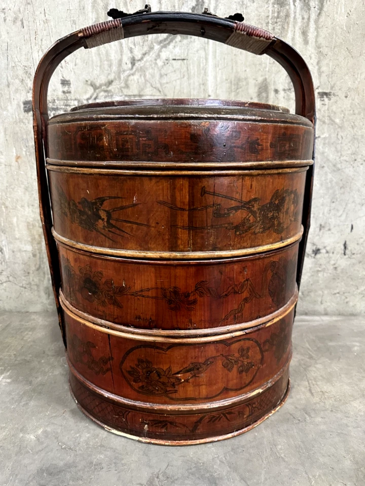 Vintage Asian Large Wedding Basket Chinese Wood Designs - 3 tiers - 24"H - Image 2 of 4