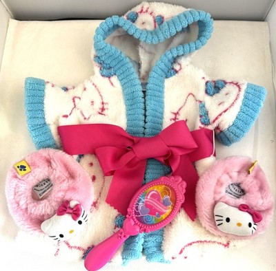 Build a Bear BABW Hello Kitty Blue White ROBE PINK SLIPPERS & HAIR BRUSH Sanrio