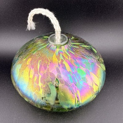 Vintage irisierende Kunstglas Öllampe Regenbogen Studioglas Deko Tischlampe
