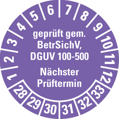 Prüfplak. gem.BetrSichV, DGUV 100-500, NP, 28-33, violett, Folie, Ø30mm 18Stk