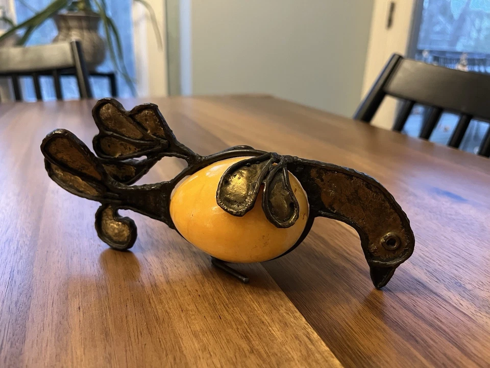 Emaus Brutalist Bird Sculpture with Marble Alabaster Egg Mexico Modernist Metal - Image 2 of 4