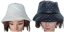 White Quilted Bucket Hat Cross Stitched Faux Leather Retro Street Style Unisex