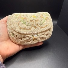 Vtg Seed Bead Clutch Cosmetic Makeup Bag Tambour Embroidery  Original Mirror