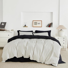 King Size Black White Striped Cotton Duvet Cover Set 3 Piece Seersucker