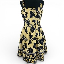 Vince Camuto Dress Size 8 Yellow Navy Floral Fit & Flare Sleeveless Border Print