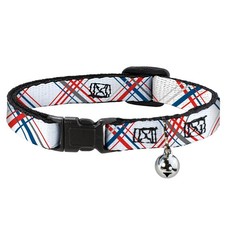 Cat Collar Breakaway with Bell Plaid X White/Red/Turquoise/Gray NARROW Fits 8.5-