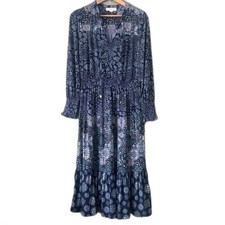 Michael Kors Multi-Print  Bohemian Peasant Dress True Navy/Sea Green Sz M