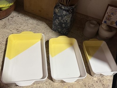 Oven Fresh Fine Porcelain Baking Serving Dishes Set Of 3 White w Yellow