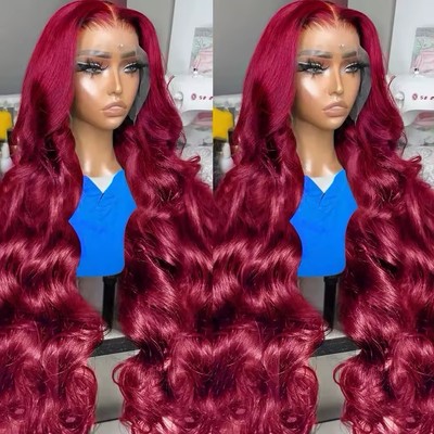 Echthaar Burgund Körperwelle 13x4 Lace Front Perücken Echthaar Rot Bunt Perücke