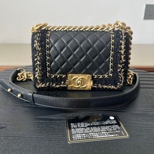 Chanel Boy Small Braided Chain Black Tweed Lambskin Gold HW Flap Bag Auth